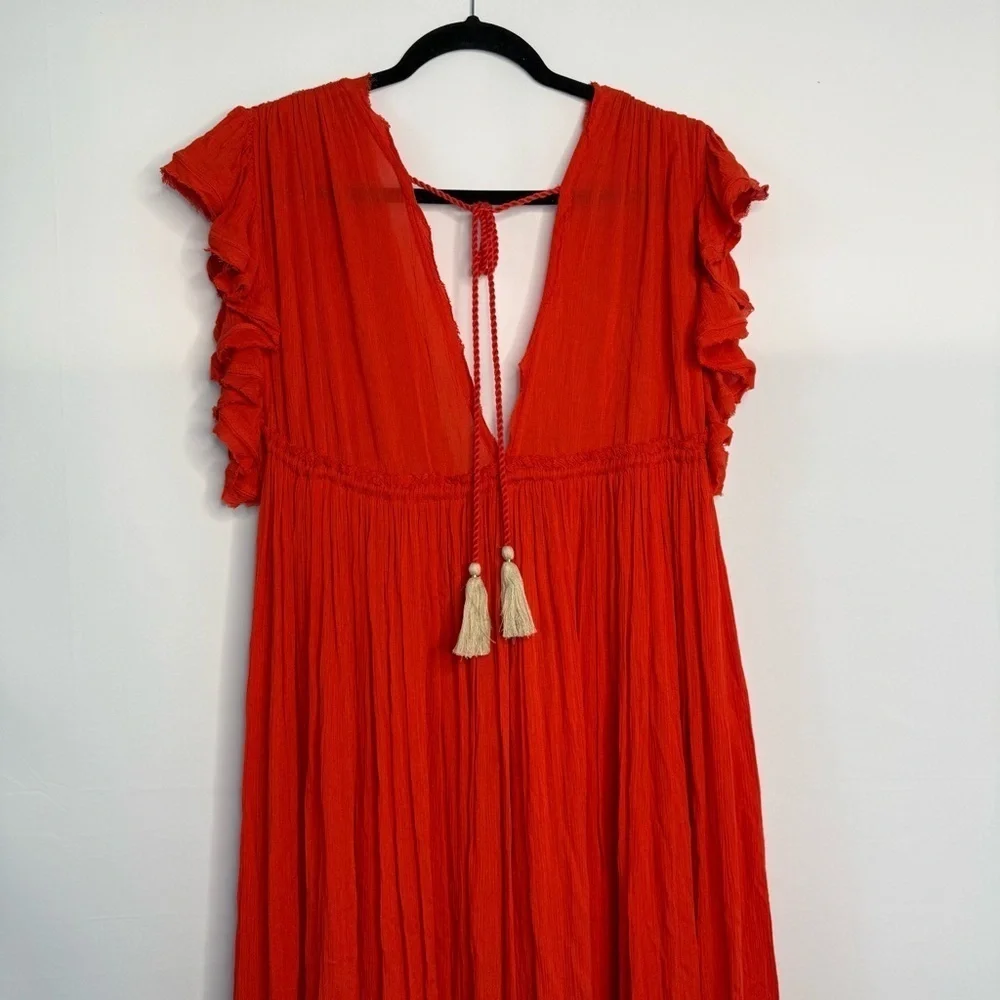 Free People Bali Will Wait For You Boho V Neck Midi Dress Red Embroidered Size S